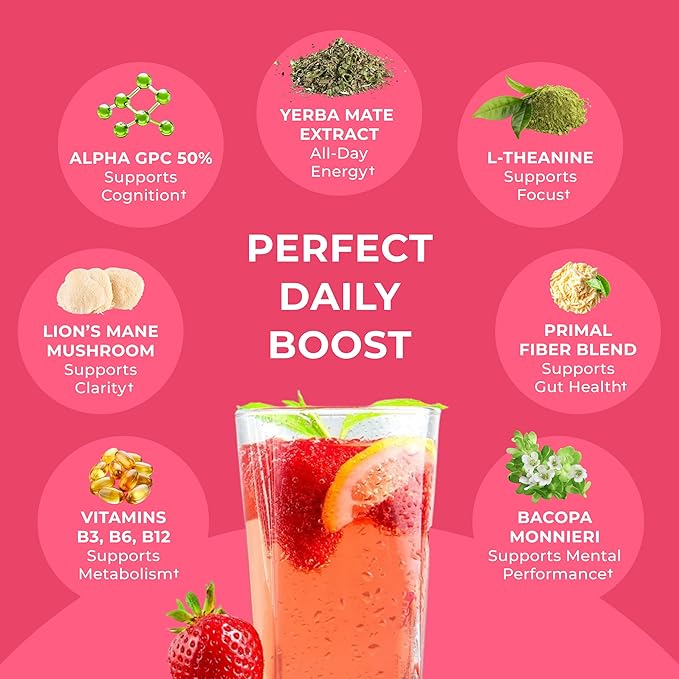 Yerba Mate Instant Tea Powder - Strawberry Kiwi, 4-in-1 Functional Blend, Supports Energy, Focus and Gut Health - Nootropic, Prebiotic & Probiotic Mix with Vitamin B3, B6 & B12 | 30 Servings