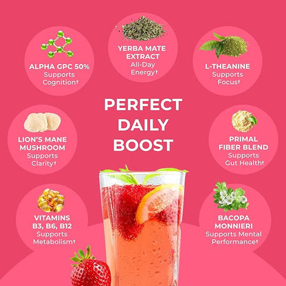 Yerba Mate Instant Tea Powder - Strawberry Kiwi, 4-in-1 Functional Blend, Supports Energy, Focus and Gut Health - Nootropic, Prebiotic & Probiotic Mix with Vitamin B3, B6 & B12 | 30 Servings