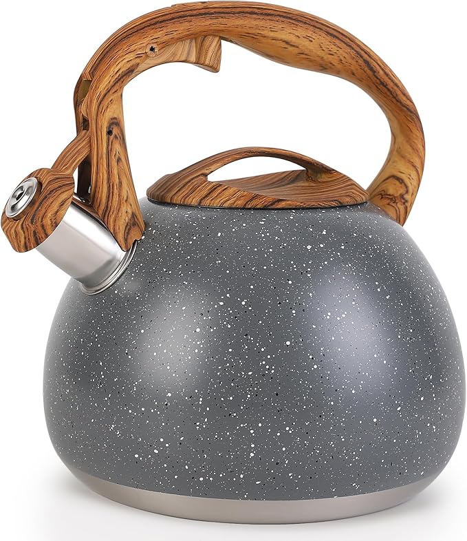 Tea Kettle, Vegoran 100 OZ / 3 Liter Whistling Tea Kettle, Tea Pots for Stove Top Food Grade Stainless Steel with Wood Pattern Folding Handle, Loud Whistle Kettle for Tea, Coffee, Milk (Gray)
