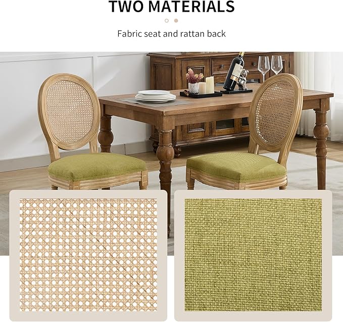 Vintage French Country Dining Chairs Set of 4, Rattan Dining Chairs with Solid Wood Legs, 4 Dining Chair Set, Sillas para Comedor, Kitchen & Dining Room Chair (Olive Green, Rattan, 4Pcs)