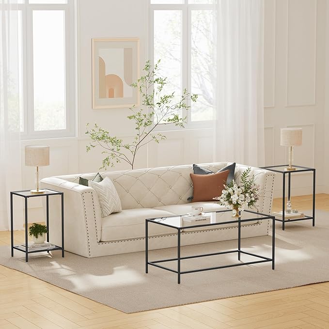 Glass Coffee Table, Modern Rectangular Coffee Table for Living Room, Minimalist Center Tea Table with Sturdy Metal Frame for Apartment, Office, Easy Assembly, 39.4 x 19.7 x 17.7 Inches, Black