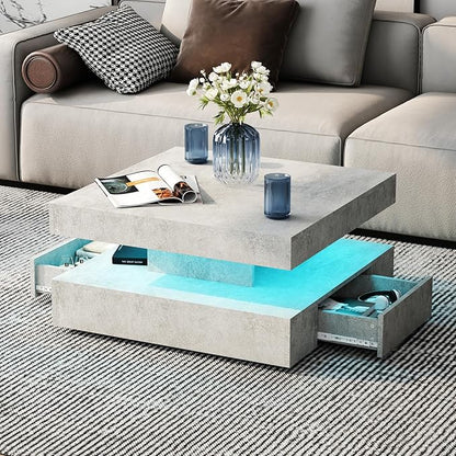Grey LED Coffee Table with 2 Storage Drawers for Living Room Square Center Middle Table Modern Cocktail Table with Light 2-Tier Tea Tables Contemporary Mid Century Wood Home Office Waiting Room