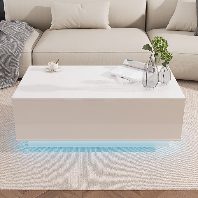 41" LED Coffee Table with 2 Drawers - High Gloss White Modern Table with Lighting for Living Room (41.33" W x 23.62" D)