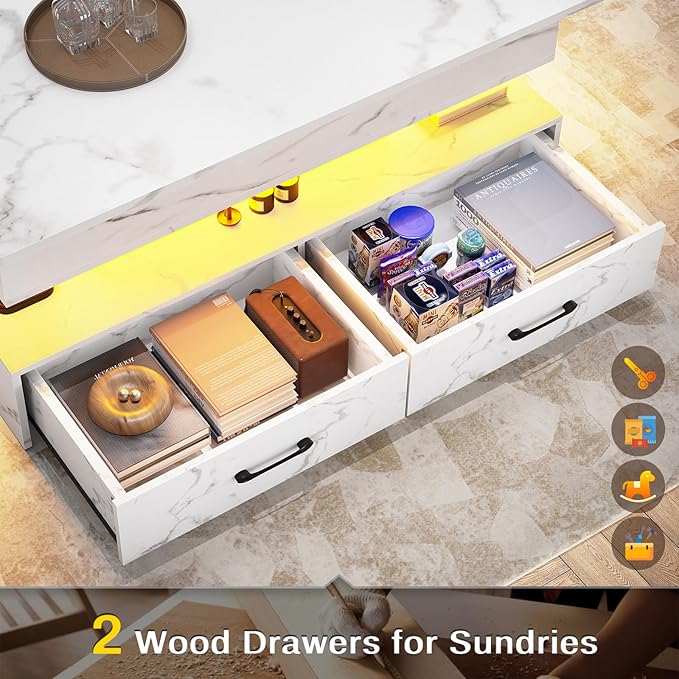SEDETA 40" Lift Top Coffee Table, Coffee Tables with Storage for Living Room, Small Coffee Table with 2 Drawers & LED Light for Dining Reception Room, White Marble