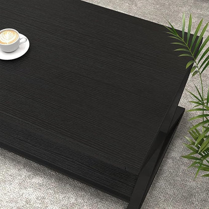 HSH Black Modern Minimalist Metal Wood Living Room Table with Storage Shelf, 39 Inch 2 Tier Rectangle Center Coffee Table