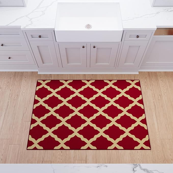 Ottomanson 3'3" x 5' Rugs for Living Room Trellis Area Rug for Bedroom - Non Slip Durable Large Floor Carpet for High Traffic Areas - Indoor Rug for Dining Room Kitchen Kids Playroom, Red
