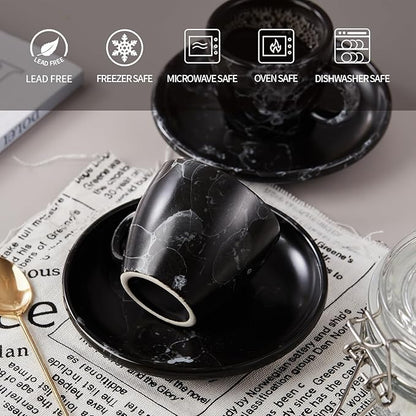 SIDUCAL Espresso Cups Set of 6,2 Ounce Ceramic Coffee Cups with Saucers,Porcelain Double Espresso Shot Cup Set,Gift Box for Boyfriend Gift(Black)