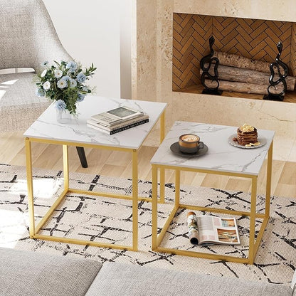 VILAWLENCE Coffee Table Set of 2, Modern Gold Wooden Side Table, Metal Frame Square End Table, Center Tables,Nesting Coffee Table for Living Room,Bedroom and Small Spaces