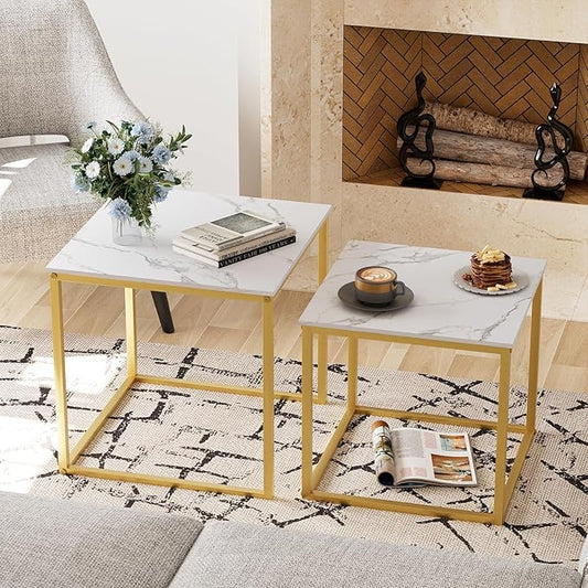 VILAWLENCE Coffee Table Set of 2, Modern Gold Wooden Side Table, Metal Frame Square End Table, Center Tables,Nesting Coffee Table for Living Room,Bedroom and Small Spaces