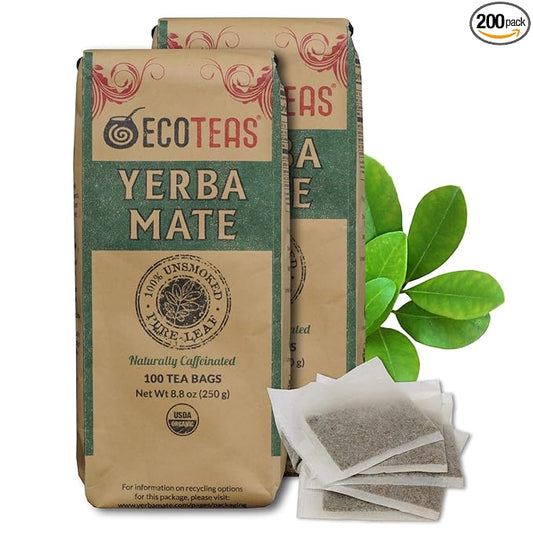 ECOTEAS Premium Organic Yerba Mate Tea Bags – Natural Energy & Detox Herbal Tea – Coffee Alternative - Kosher, Non-GMO, Gluten-Free - 100 Unsmoked Bulk Bags, 8.8 oz (Pack of 2)