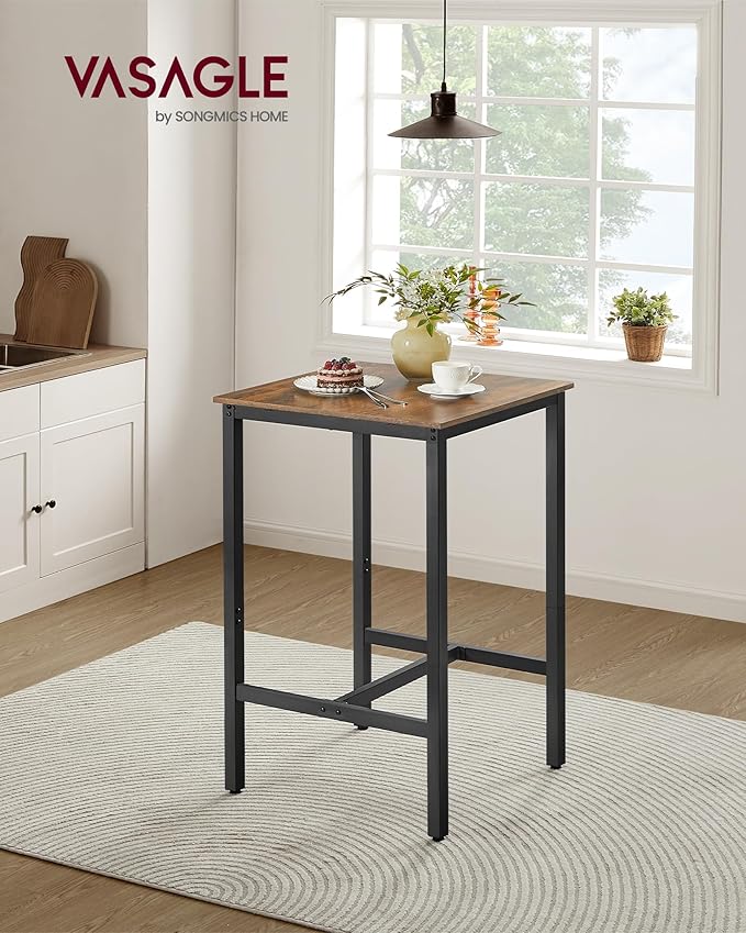 VASAGLE Bar Table, Small Kitchen Dining Table, High Top Pub Table, Height Cocktail Table for Living Room Party, Sturdy Metal Frame, 23.6 x 23.6 x 41.7 Inches for Narrow Spaces, Rustic Brown and Black