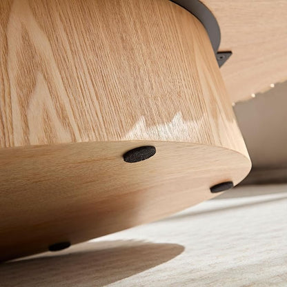 43.7 Inch Oval Drum Coffee Table, Modern Handcraft Fluted Drum Coffee Table, Wooden Round Coffee Table Center Table with Sturdy Pedestal for Living Room Apartment (Natural)