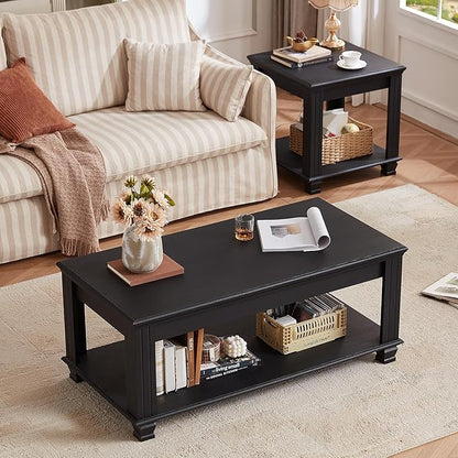 Farmhouse Coffee Tables for Living Room,Square Tea Table with Open Storage Shelf,Large Coffee Table,Rustic Wooden Center Table,Black