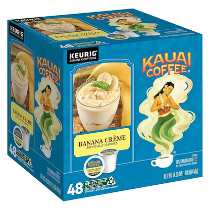 Kauai Coffee K-Cup Pods for Keurig Brewers – Arabica Coffee, 10% Hawaiian – Medium Roast, Banana Flavor with Creamy Vanilla – Banana Crème, 1 Pack of 48 Single Serve K-Cups