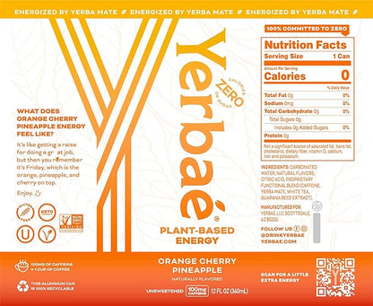 Yerbaé Energy Seltzer - Orange Cherry Pineapple No Sugar/Calories/Carbs. Energized by Yerba Mate, Naturally Caffeinated Plant-Based, Healthy Alternative to Coffee/Sugary Sodas, Pack of 12, 12oz cans