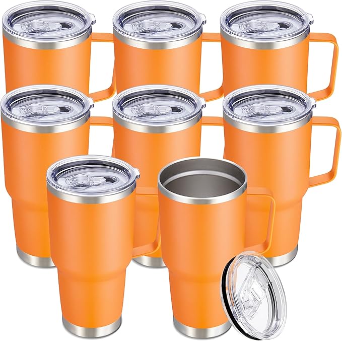 30 oz Tumbler with Handle and Lid, Stainless Steel Tumblers Bulk Double Wall Vacuum Insulated Travel Mug Leak Proof Cup Keep Drinks Cold and Hot Orange, 8 Pack