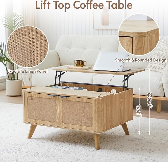 AVZEAR Wood Lift Top Coffee Table with Storage, Boho Modern Coffee Table with Nature Linen Doors & Large Hidden Storage, Rounded Corners Center Table Farmhouse Coffee Tables for Living Room, Natural