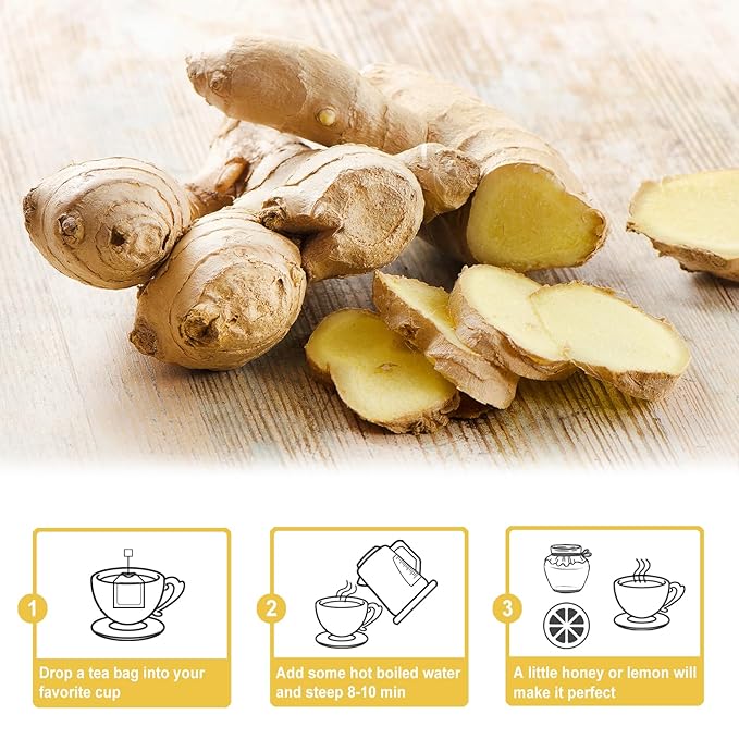 TEARELAE - Ginger Tea Bags, 64 Count - 100% Pure Ginger Root Tea, Soothing & Spicy - Non-GMO - Caffeine-free - Aid Digestion & Support Respiratory