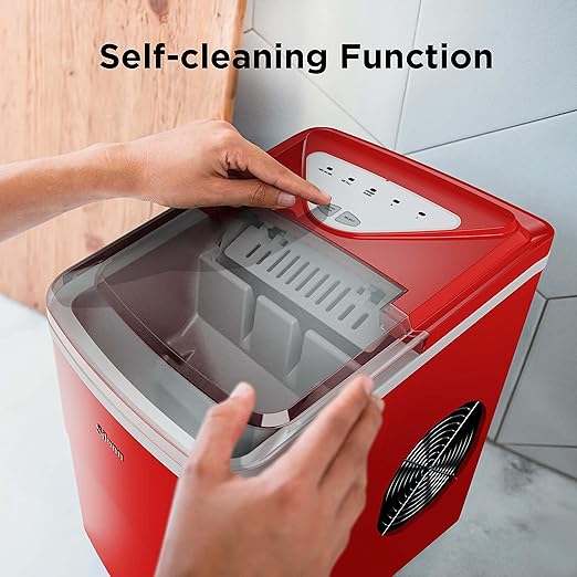 Silonn Ice Makers Countertop, Self-Cleaning Ice Machine 9 Cubes Ready in 6 Mins, 2 Sizes of Bullet Ice for Home Kitchen Office Bar Party, Red