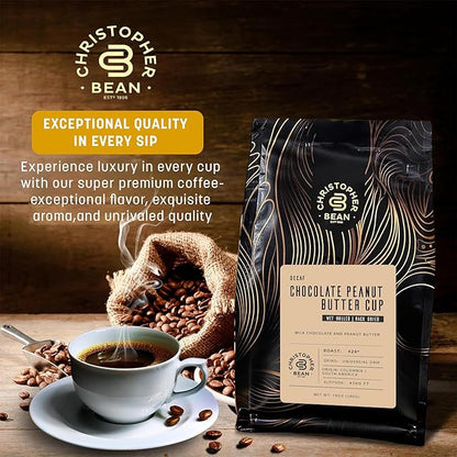 Christopher Bean Coffee - Certified Kosher - Decaf Ground Universal Drip Chocolate Peanut Butter Cup Flavored Coffee| Coffee Beans with Medium Roast 100% Arabica, No Sugar, No Fats, Non-Gmo | 10-Ounce Bag