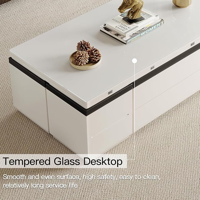 Extendable Coffee Table with 4 Storage Stools, Multifunctional Lift Top Coffee Table, Space Saving Folding Dining Table for Living Room (47.24 Inch)