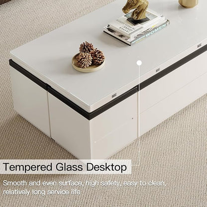 Extendable Coffee Table with 4 Storage Stools, Multifunctional Lift Top Coffee Table, Space Saving Folding Dining Table for Living Room (47.24 Inch)