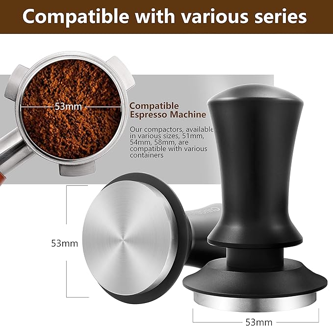 K COOL Espresso Hand Tamper, Premium Barista Coffee Tamper with Calibrated Spring, 100% Flat Stainless Steel Base Tamper for Breville Series 54mm Portafilter Basket (53mm, Black)