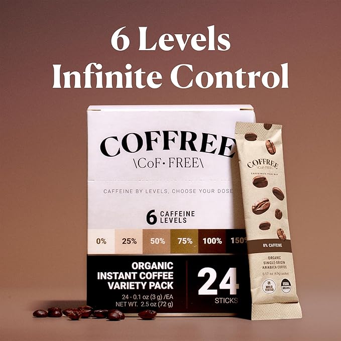 COFFREE Organic Instant Coffee Packets - 0% Decaf Convenient Coffee Sticks, Mold Free, Low Acid Arabica Beans for On-the-Go Energy - Hot or Cold Balanced Taste Single Serve Travel Packets 24 Count