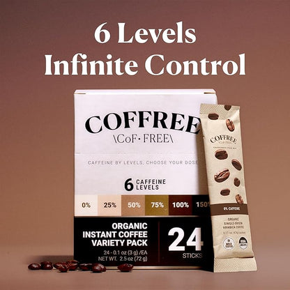 COFFREE Organic Instant Coffee Packets - 0% Decaf Convenient Coffee Sticks, Mold Free, Low Acid Arabica Beans for On-the-Go Energy - Hot or Cold Balanced Taste Single Serve Travel Packets 24 Count