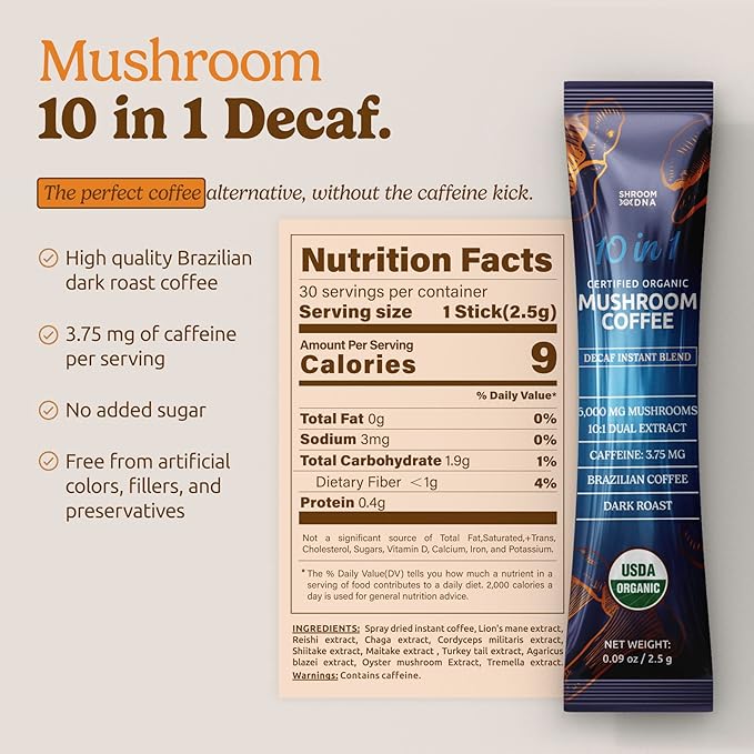 10-in-1 USDA Certified Organic Decaf Mushroom Coffee, Instant Mushroom Coffee Decaf, Brazilian Dark Roast for Better Energy, Focus, Gut Health, 30 Sticks - ShroomDNA