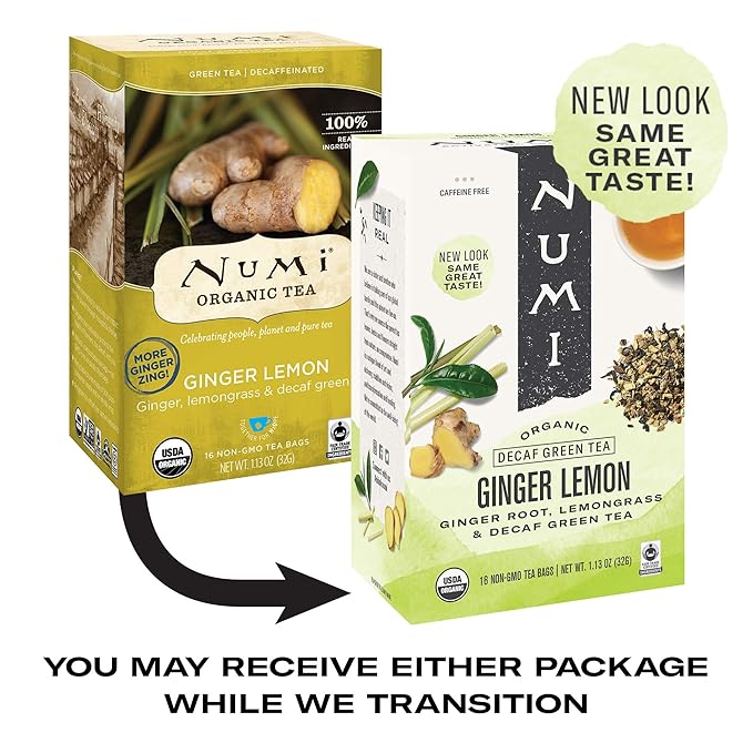 Numi Organic Ginger Lemon Decaf Tea, 48 Green Tea Bags with Lemongrass and Ginger Root