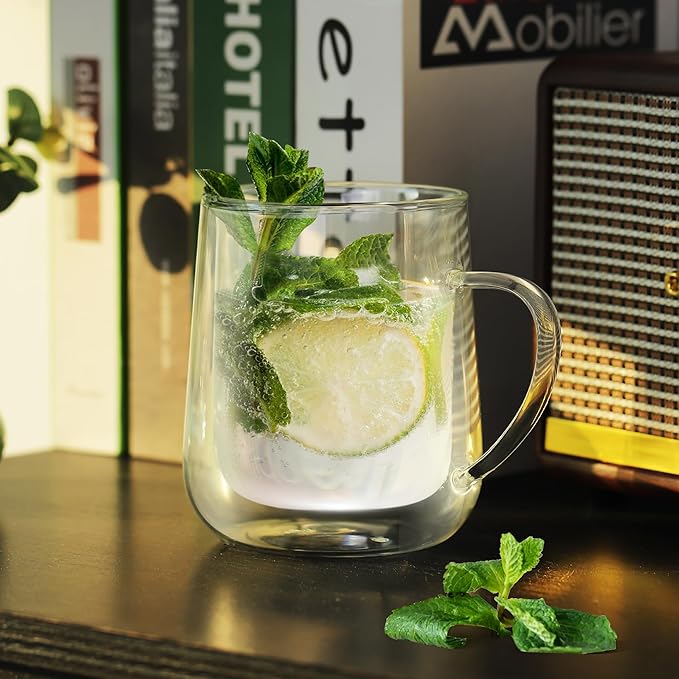 Joeyan Clear Double Walled Glass Coffee Mugs, Double Layer Tea Latte Cappuccino Cups with Handle, Double Lined Insulated High Borosilicate Glassware for Milk and Other Hot Beverages, 13.5 oz, Set of 2