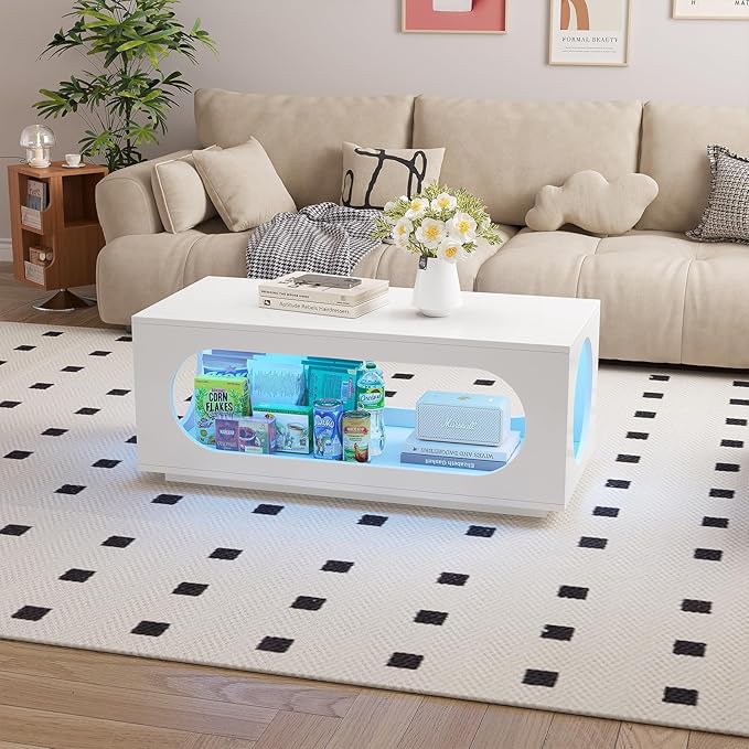 43" White Led Coffee Table for Living Room, Modern Living Room Table Rectangular Contemporary Center Table with Storage, Wooden Coffee Tables with LED Lights for Dining Reception Room