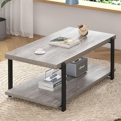 FOLUBAN Rustic Coffee Table, Modern Wood Center Table for Living Room, Industrial 2 Tier Rectangle Low Cocktail Tea Table with Storage Shelf, Light Grey