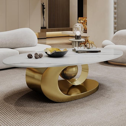 Marble Grain Coffee Table with Gold Stainless Steel Pedestal,Modern Coffee Tables,Oval Living Room Table with Faux Marble Top & Luxury Legs,Sintered Stone Cocktail Center Table,49.20inch
