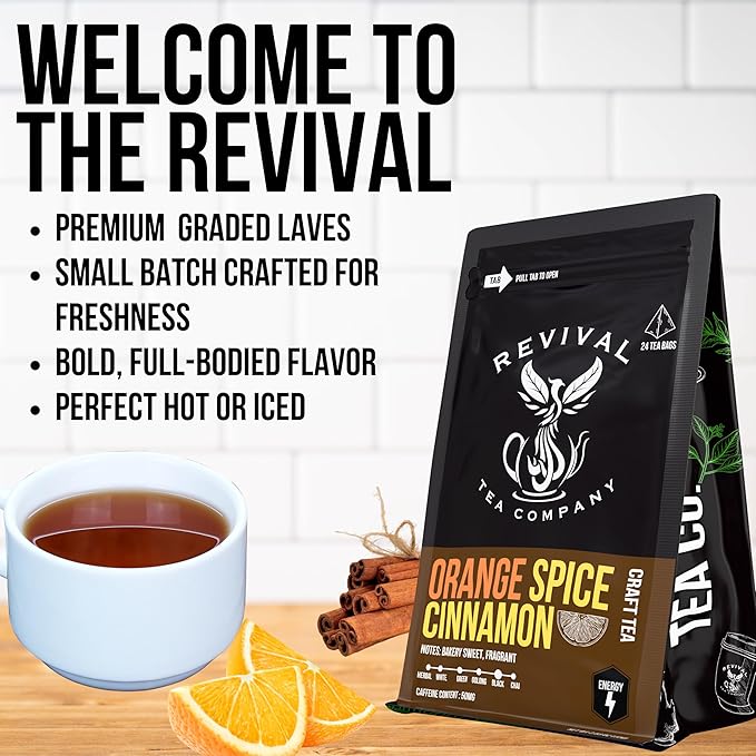 Revival Tea Company Orange Spice Black Tea Bags – Cinnamon Orange Tea Blend with Real Citrus Peel – Caffeinated Herbal-Infused Tea for Energy & Immune Support – Bold Spiced Flavor (24 Count)