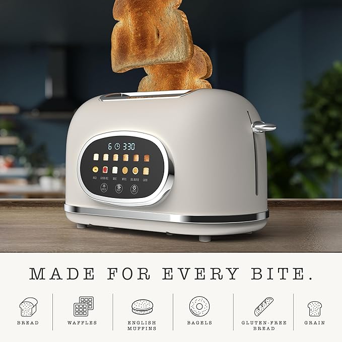 Rae Dunn Retro Digital Electric Toaster, 2 Slice Stainless Steel Toaster With Touchscreen, Countdown Timer, 6 Shade Settings, Wide Slots, High Lift Lever, Bagel, Defrost & Reheat, Cream New