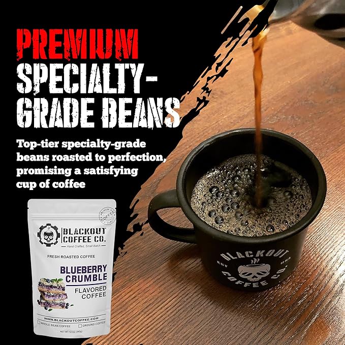 Blackout Coffee Blueberry Crumble Flavored Ground Coffee – Medium Roast, Smooth Taste, Guilt-Free Indulgence – Freshly Roasted 12oz Bag