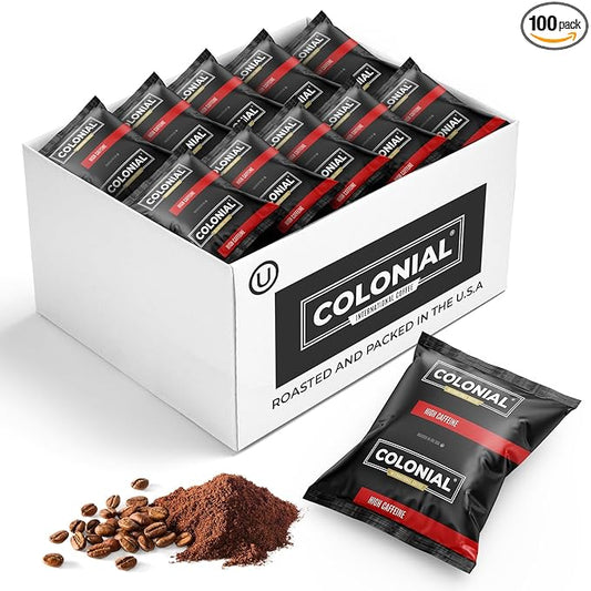 Colonial Coffee Packets, Pre Ground Coffee Packs, High Caffeine Blend, Medium - Dark Roast, Bulk Single Pot Bags for Drip Coffee Makers, (2.5 oz Bags, Pack of 100)