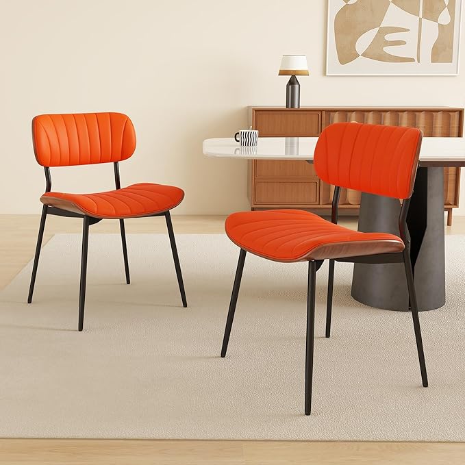 Modern PU Leather Dining Room Chairs Set of 2, Upholstered Kitchen Chairs with Walnut Bentwood Back and Metal Legs Adjustable Feet for Kitchen Dining Room(Orange)