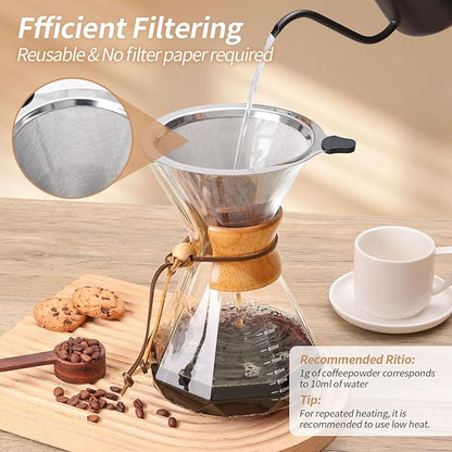 Pour Over Coffee Maker 34 OZ, 10 Cup Borosilicate Glass Drip Coffee Maker with Reusable Stainless Steel Filter and Cork Grip for Home Café 1000 ML (Diamond Shape)