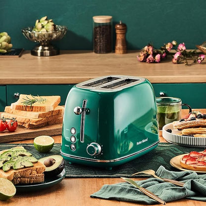 Roter Mond 2 Slice Toaster Retro Stainless Steel with Bagel, Cancel, and Defrost Functions, 6 Bread Shade Settings, Extra Wide Slots and Removable Crumb Tray, Green