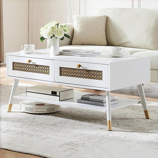 White Coffee Table with Storage Drawers & Open Shelf, Mid Century & Boho Living Room Table with Gold Metal Designed for Home