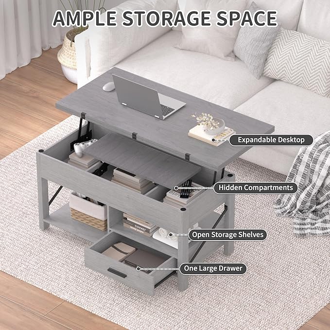 Lift Top Coffee Table with Storage, Grey Lift Top Coffee Table with Drawers&Hidden Compartment, Multi-Functional Center Table, Convertible Coffee Tables into Dining Table for Home Living Room Office