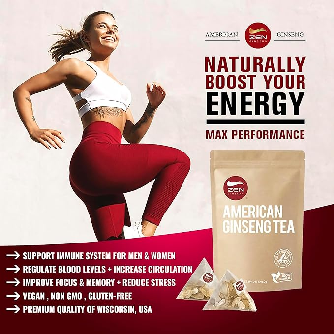 Zen Ginseng Tea 30 ct Triangle Teabags. American Ginseng Tea 花旗参三角茶包 Boosts Body Energy, Immunity and Stamina.