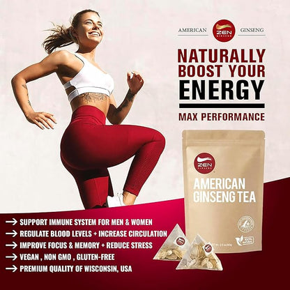Zen Ginseng Tea 30 ct Triangle Teabags. American Ginseng Tea 花旗参三角茶包 Boosts Body Energy, Immunity and Stamina.
