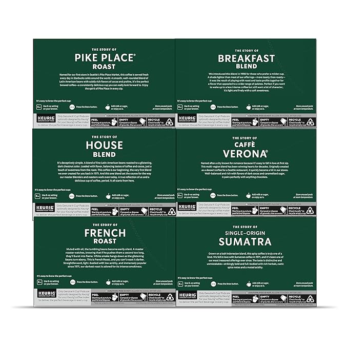 Starbucks K-Cup Coffee Pods, Medium And Dark Roast Coffee Variety Pack for Keurig Brewers, 100% Arabica, 6 Boxes (60 Pods Total)