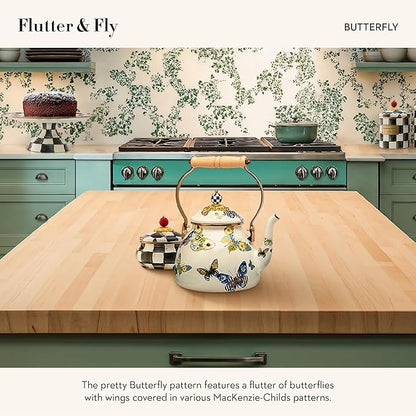 MACKENZIE-CHILDS 2-Quart Enamel Tea Kettle, Cute Tea Kettle for Stovetop, Butterfly