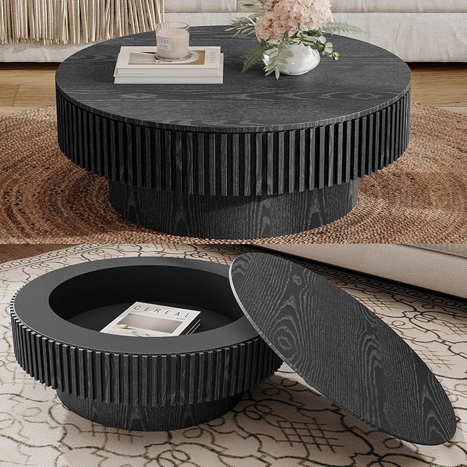 31.5 Inch Round Drum Coffee Table with Storage, Modern Handcraft Fluted Drum Coffee Table, Wooden Round Coffee Table Center Table with Sturdy Pedestal for Living Room Apartment (Black)