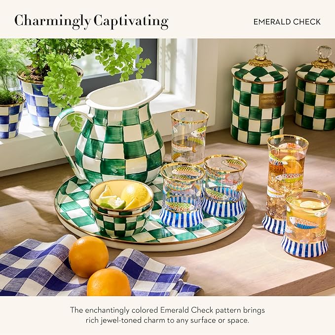 MACKENZIE-CHILDS Enamel Pitcher with Spout for Water, Cut Flowers, and Home Decor, 3 Quarts, Green-and-White Emerald Check